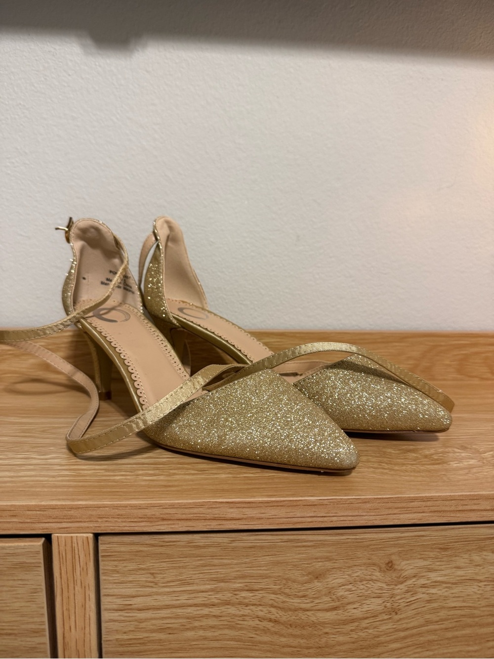 Journee Collection Gold Glitter Pointed Ankle-Strap Heels